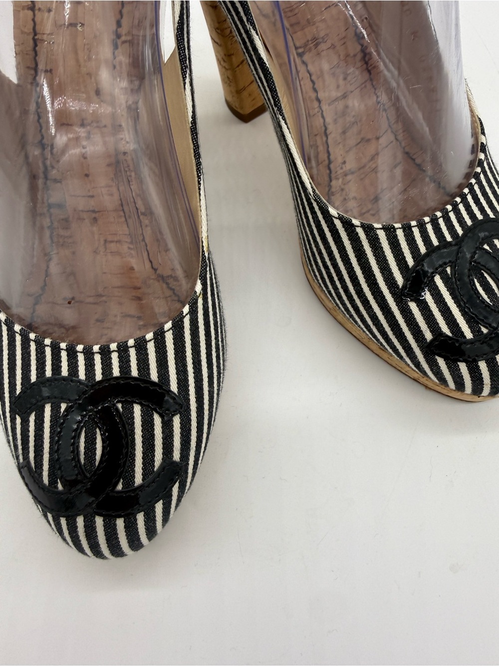 CHANEL Black & White Striped Women's Pumps with Logo Accent